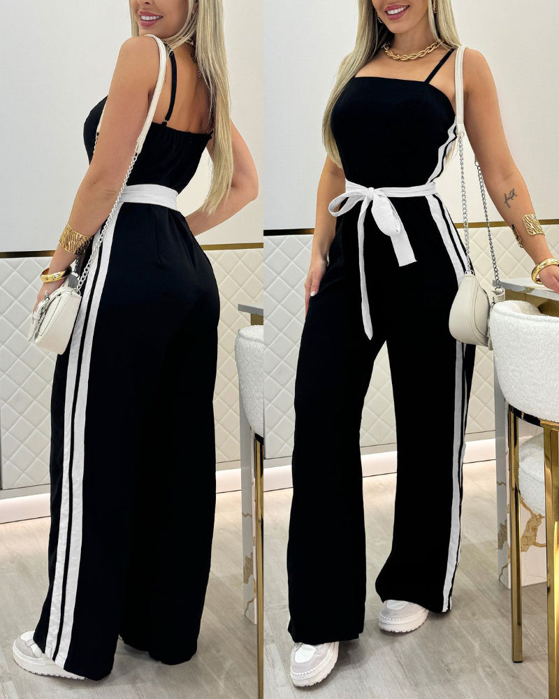 Women's black side stripes Belt Slim Waist straps Jumpsuit