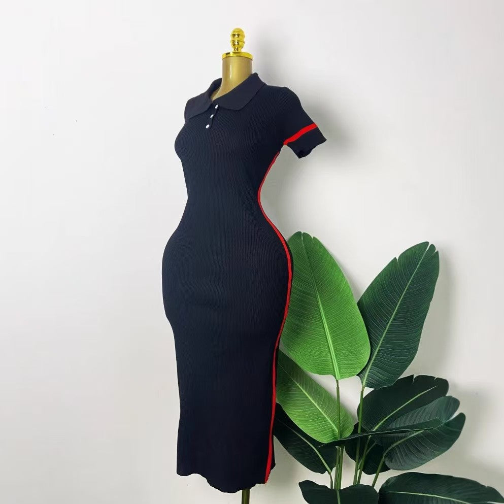 Women's Fashion Turndown Collar V-Neck Short Sleeve Knit Midi Dress 4