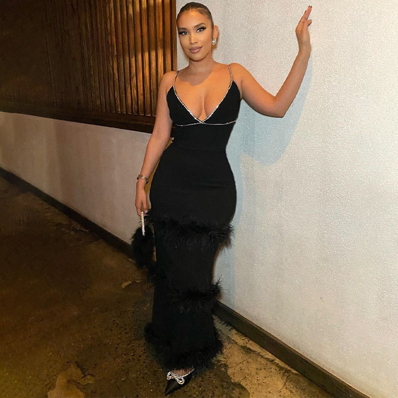 Autumn Women's Sexy Beaded Straps Slim Waist Low Back Furry Dress 3