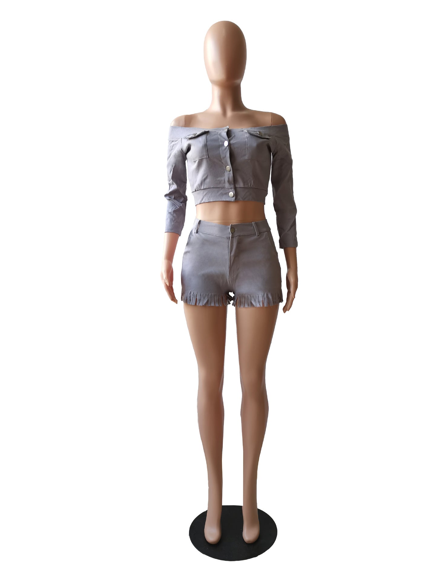 Women's Clothing High Stretch Off Shoulder Two-Piece Shorts Set 18