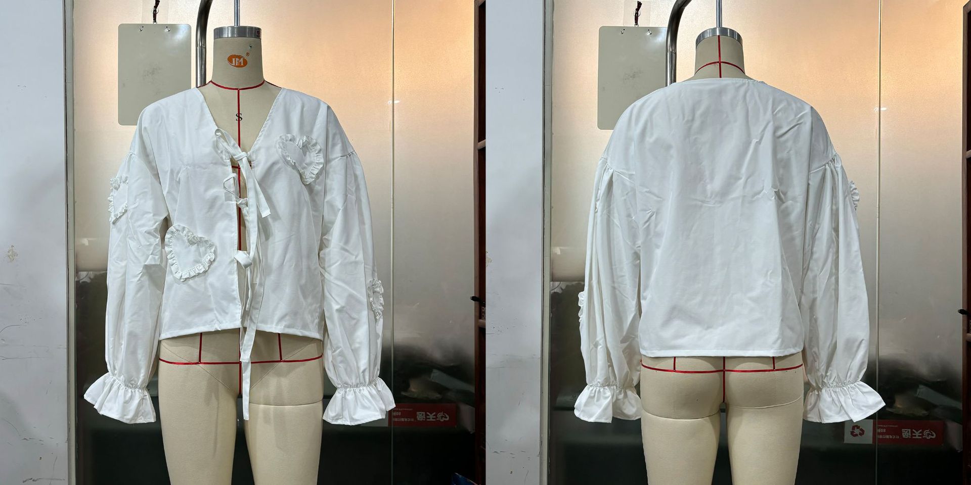 Long Sleeve Solid Color Lace-Up Tie Bow Shirt Top 15