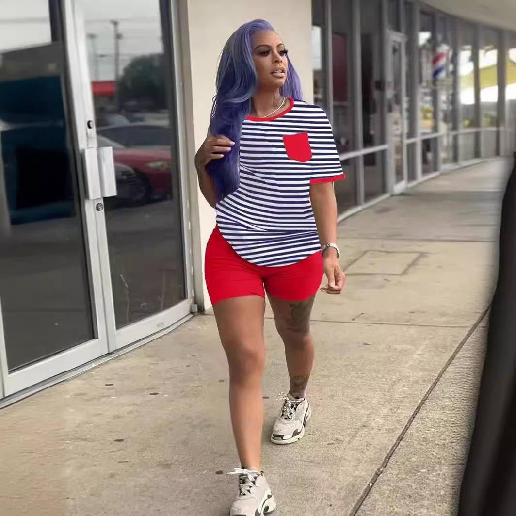 Women's Printed Short-Sleeved Sports Two-Piece Shorts Set 8