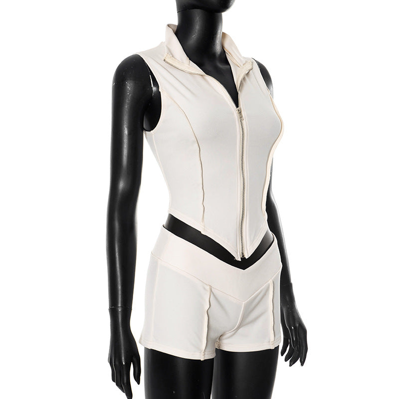 Spring Summer Women's Zipper Turndown Collar Sleeveless Crop Top High Waist Tight Shorts Two Piece Set 12