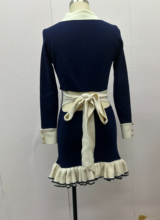 Women autumn contrast color lace up long sleeve dress 6