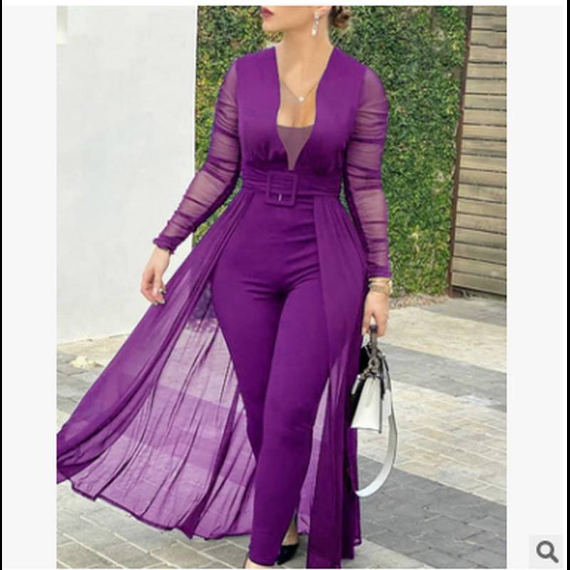 Women'S Culottes Solid Color Fashion Deep V-Neck Long-Sleeved Lace Patchwork Solid Color Slim Jumpsuit 3