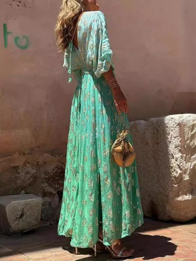 Print V-Neck Low Back Slim Waist Wide-Leg Jumpsuit 7