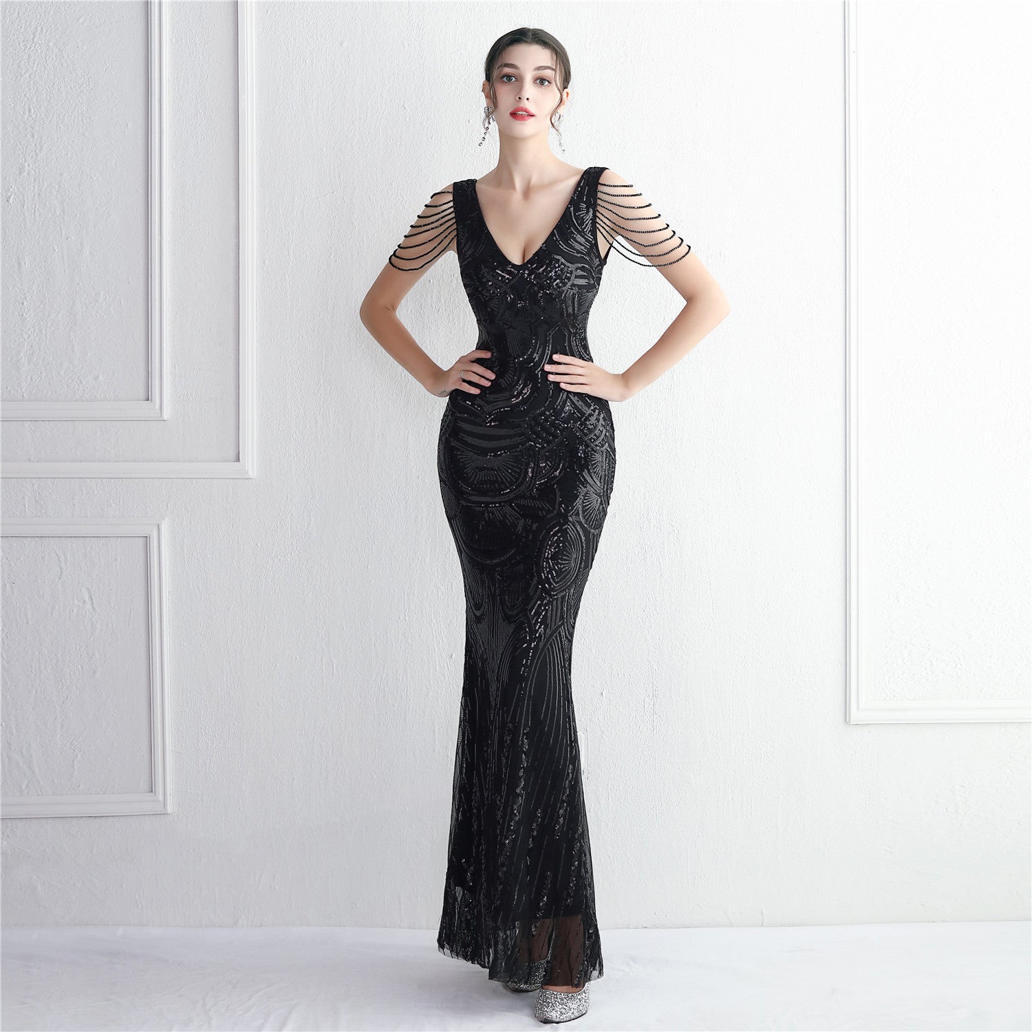 WomenElegant Sequins V Neck Evening Dress 7