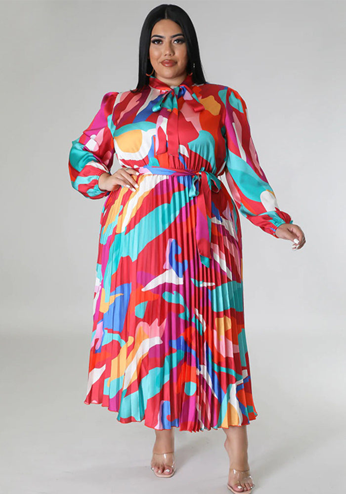 Plus Size Women Lace-Up Long Sleeve Printed Pleated Dress