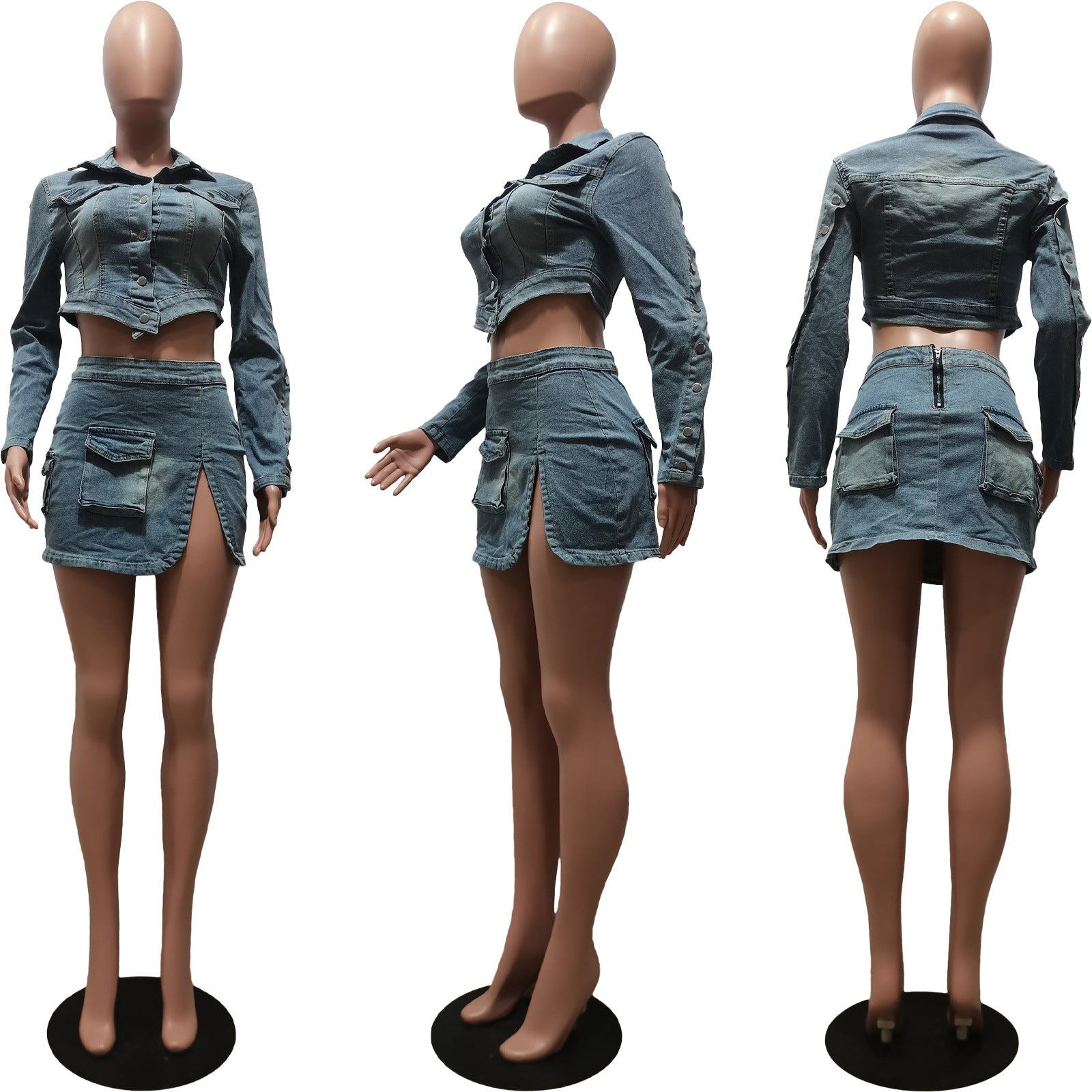 Women Washed Button Zipper Straps Irregular Top and Slit Cargo Denim Skirt Two-piece Set 14