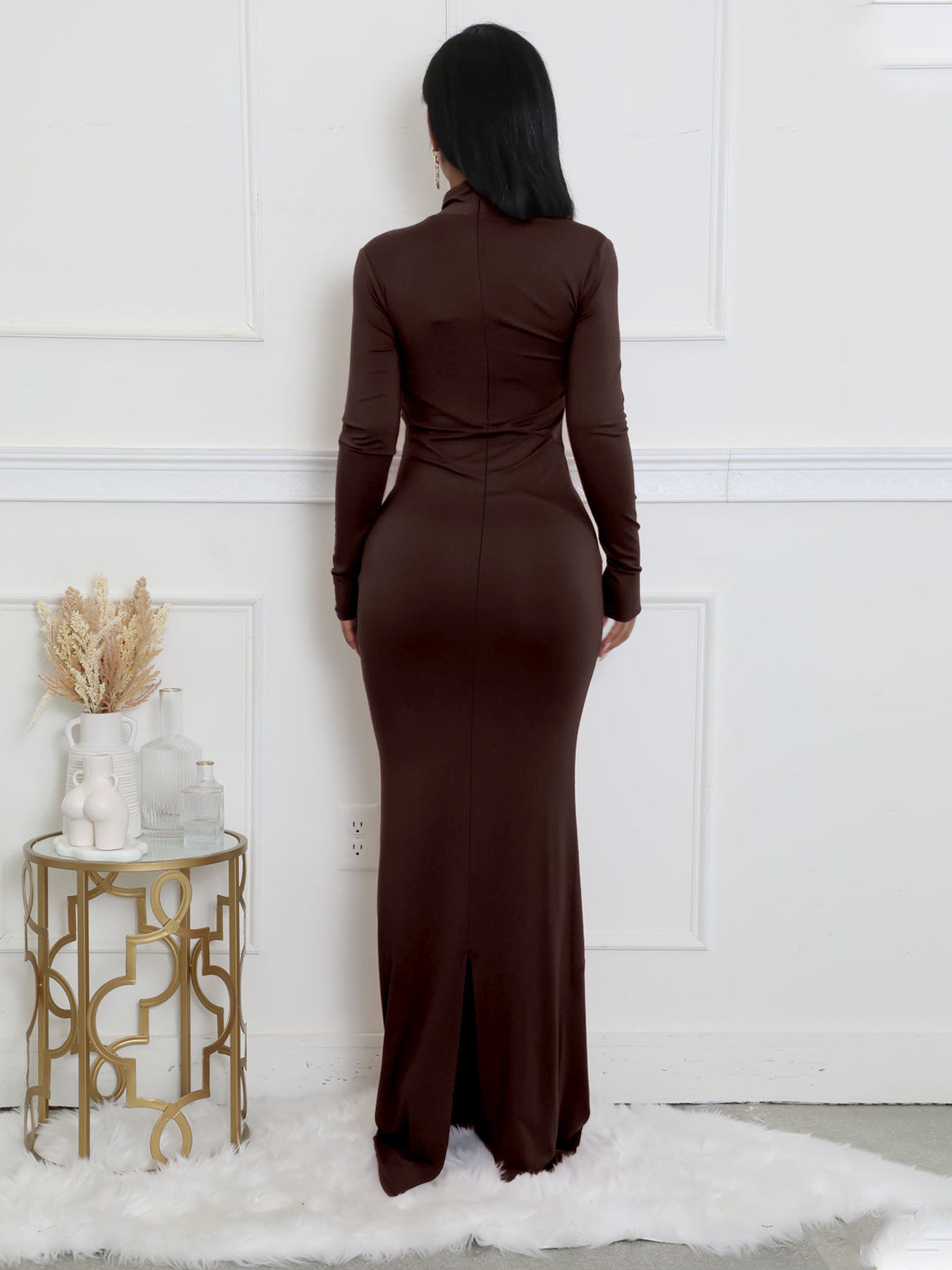 Women Solid Long-Sleeve Slash Shoulder Fishtail Bodycon Dress 12