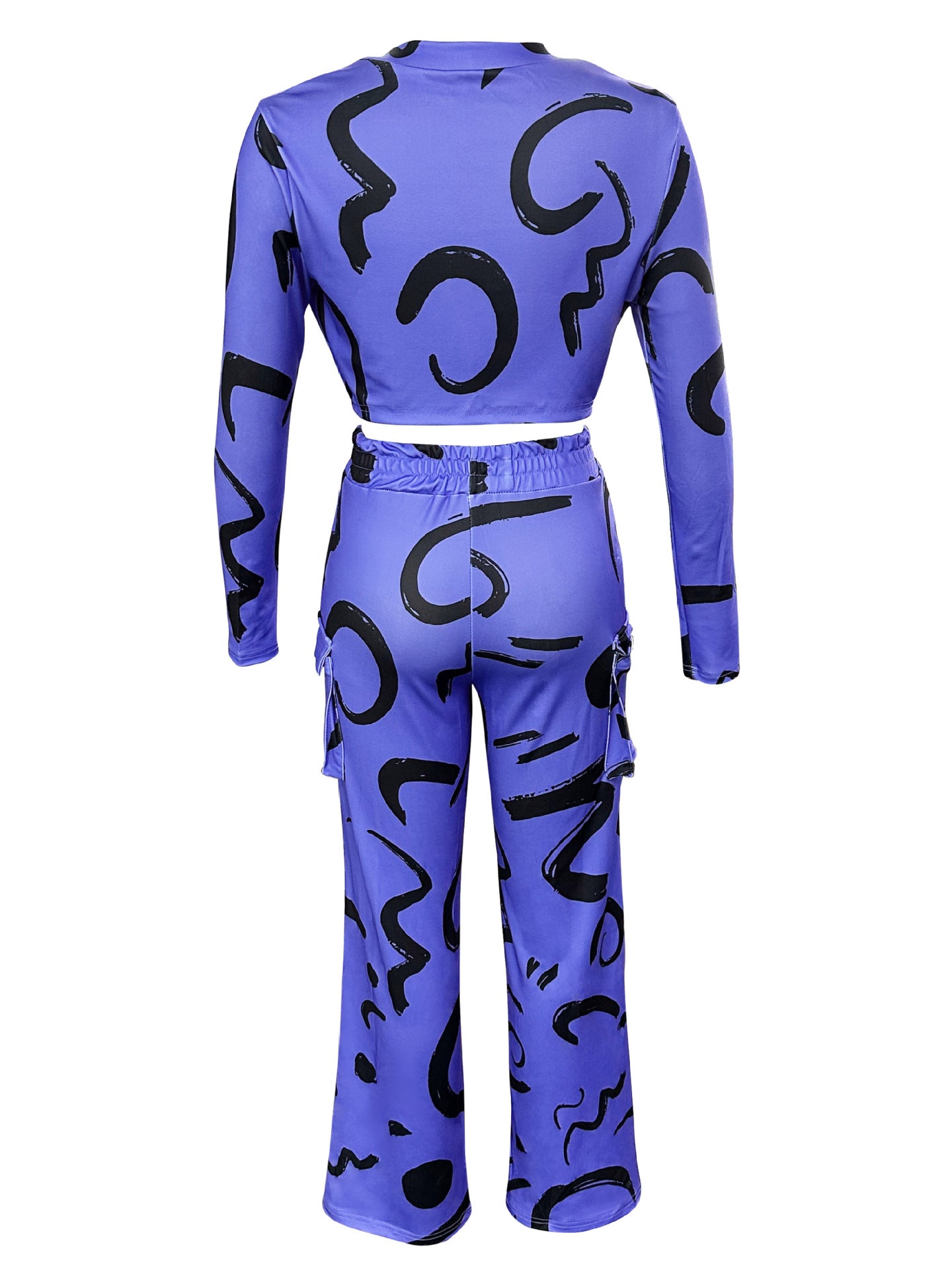 Women Autumn and Winter Geometric Line Print Casual Sexy Short Top and Pant Two-piece Set 22