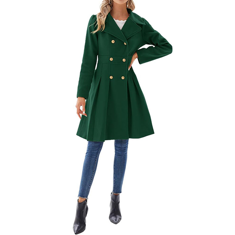 Women Fall and Winter Turndown Collar Double-Breasted Pocket Windbreaker 67