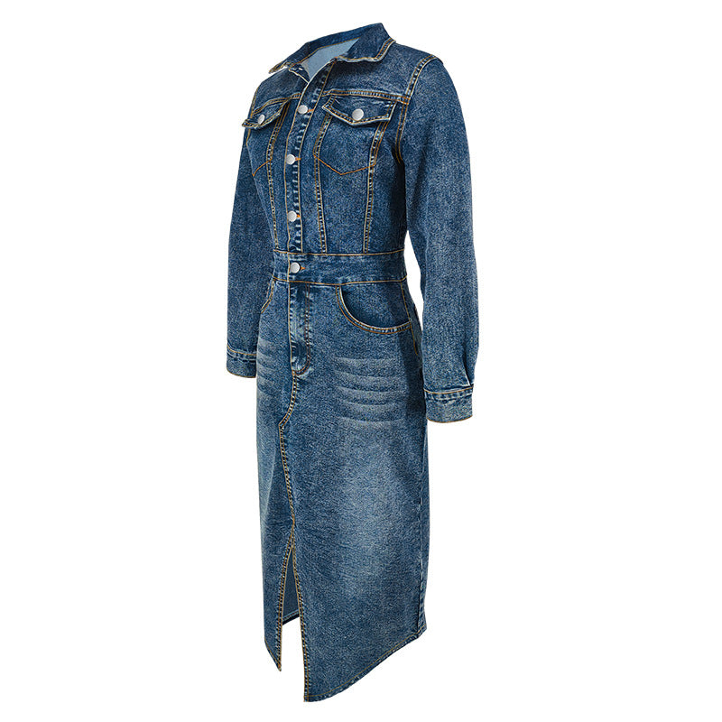 Women's Turndown Collar Button Long Sleeve Slit Denim Long Dress 8