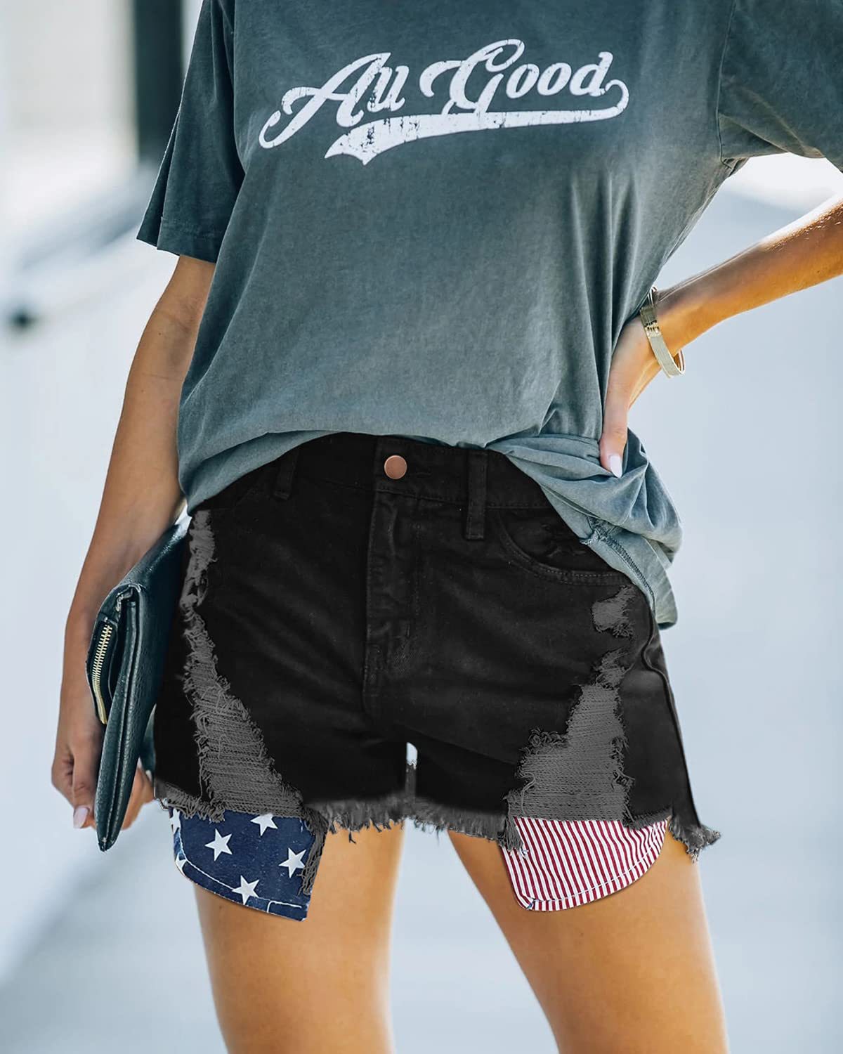 Women American Flag Ripped Tassel Denim Shorts 6