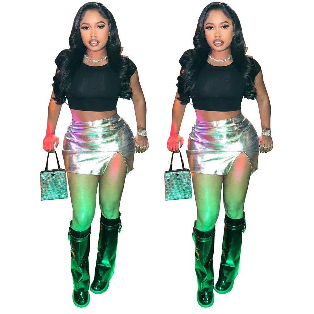 Women Sexy Shiny Slit Skirt 3