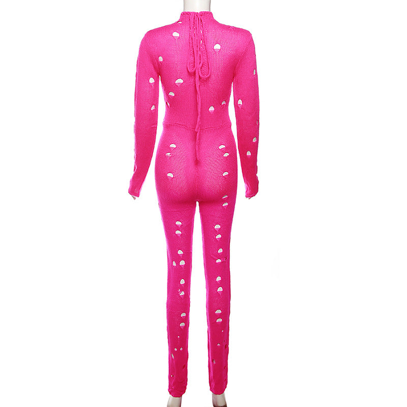 Women Trendy Style Street Knitting Ripped Hollow Jumpsuit
