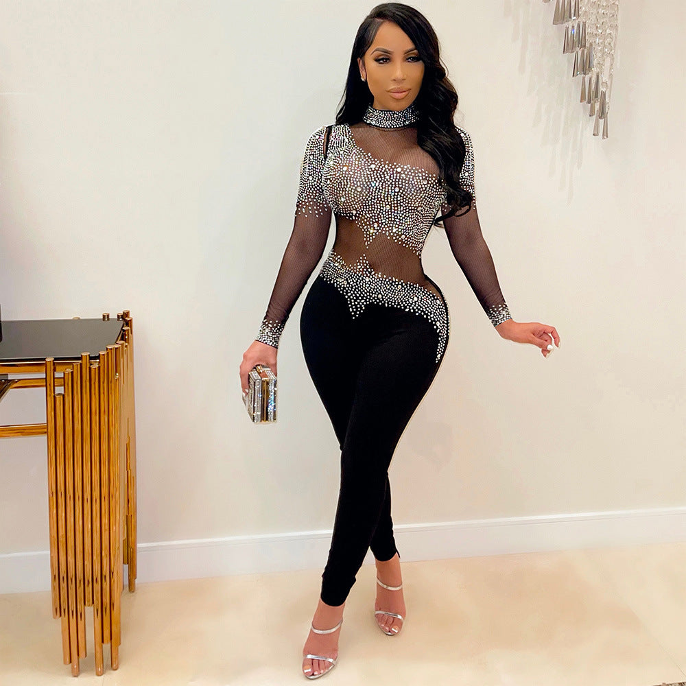 Women Sexy Mesh See-Through Beaded Long Sleeve Jumpsuit 3