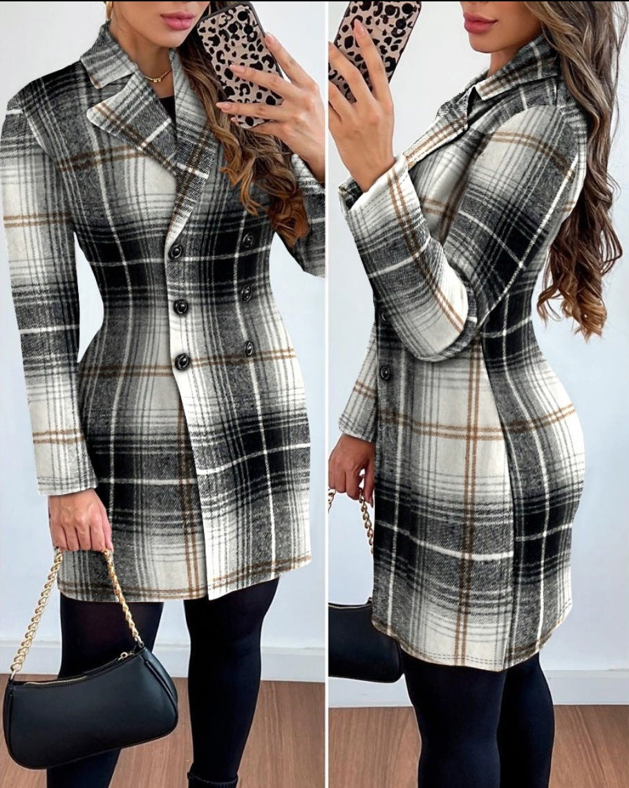 Women Autumn and Winter Long Sleeve Double Breasted Turndown Collar Printed Jacket