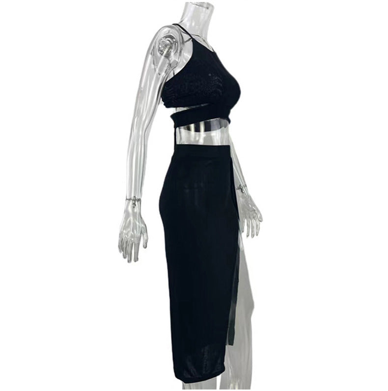 Women Lace-Up Backless Suspender Top and Slit Long Skirt two-piece set 33