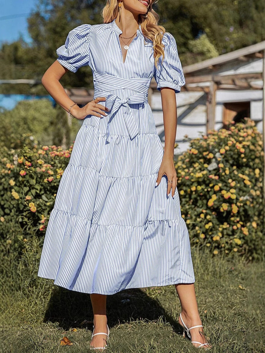 Women High Waist Striped Printed Short Sleeve Dress