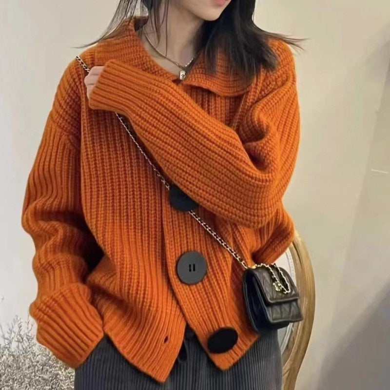 Lazy Style Sweater Jacket Autumn And Winter Loose Turndown Collar Large Button Knitting Cardigan For Women 12