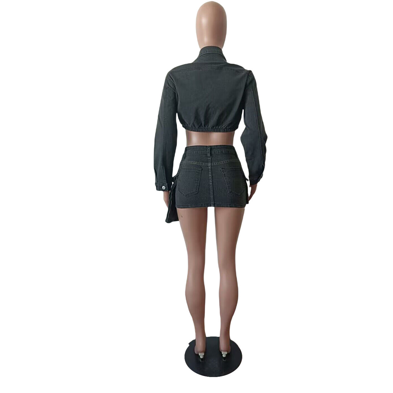 WomenStretch Sexy Denim Long Sleeve Top and Casual Pocket Dress Two Piece Set 11