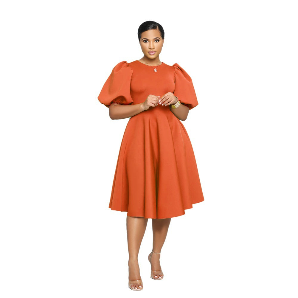 Round Neck Chic Puff Sleeve Slim Waist Swing A-Line Dress 7