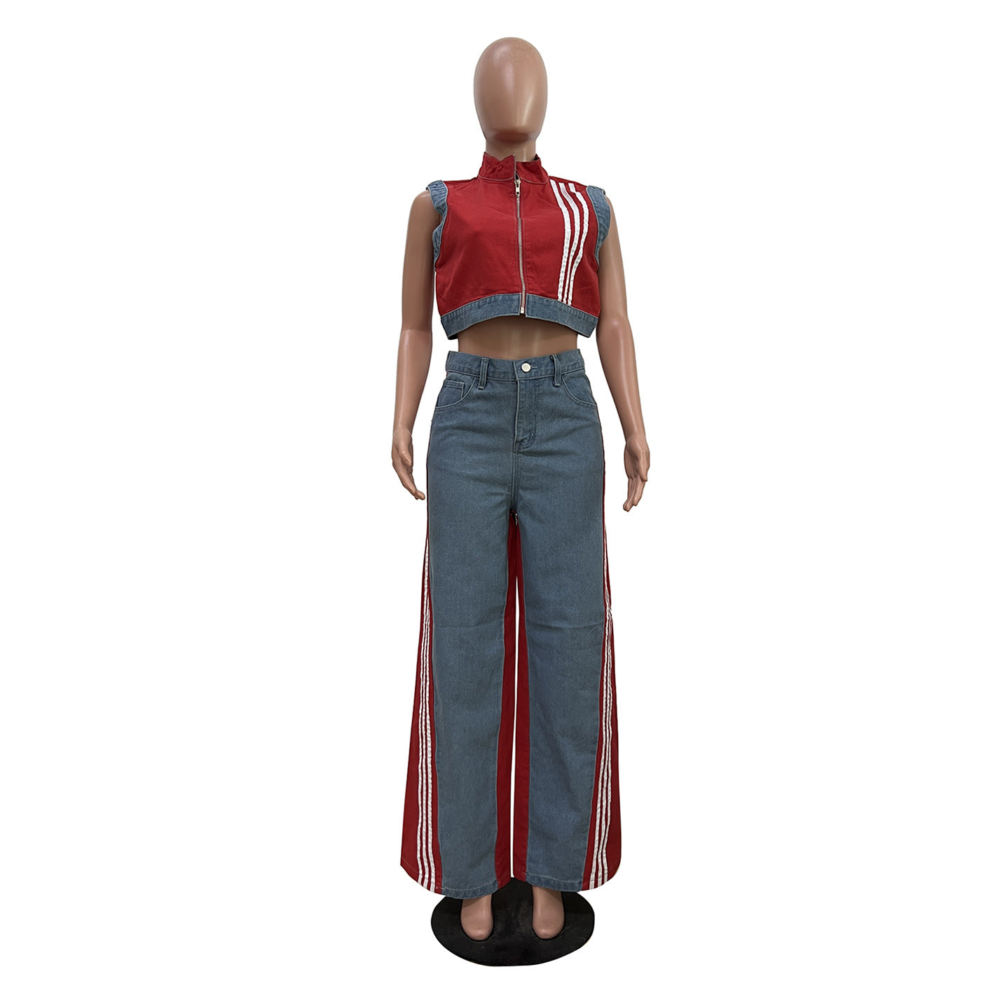 Women casual webbing patchwork top and denim wide-leg pants two-piece set 10