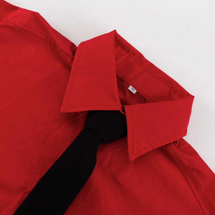 Women Turndown Collar Long Sleeve Tie Shirt Slit Knot Skirt Two-Piece Set 6