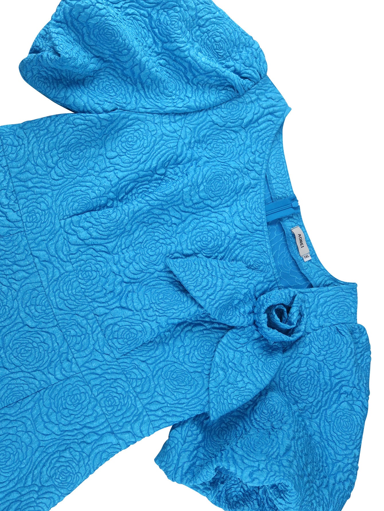 Plus Size Asymmetrical Puff Sleeve High Waist Jacquard Formal Dress 15