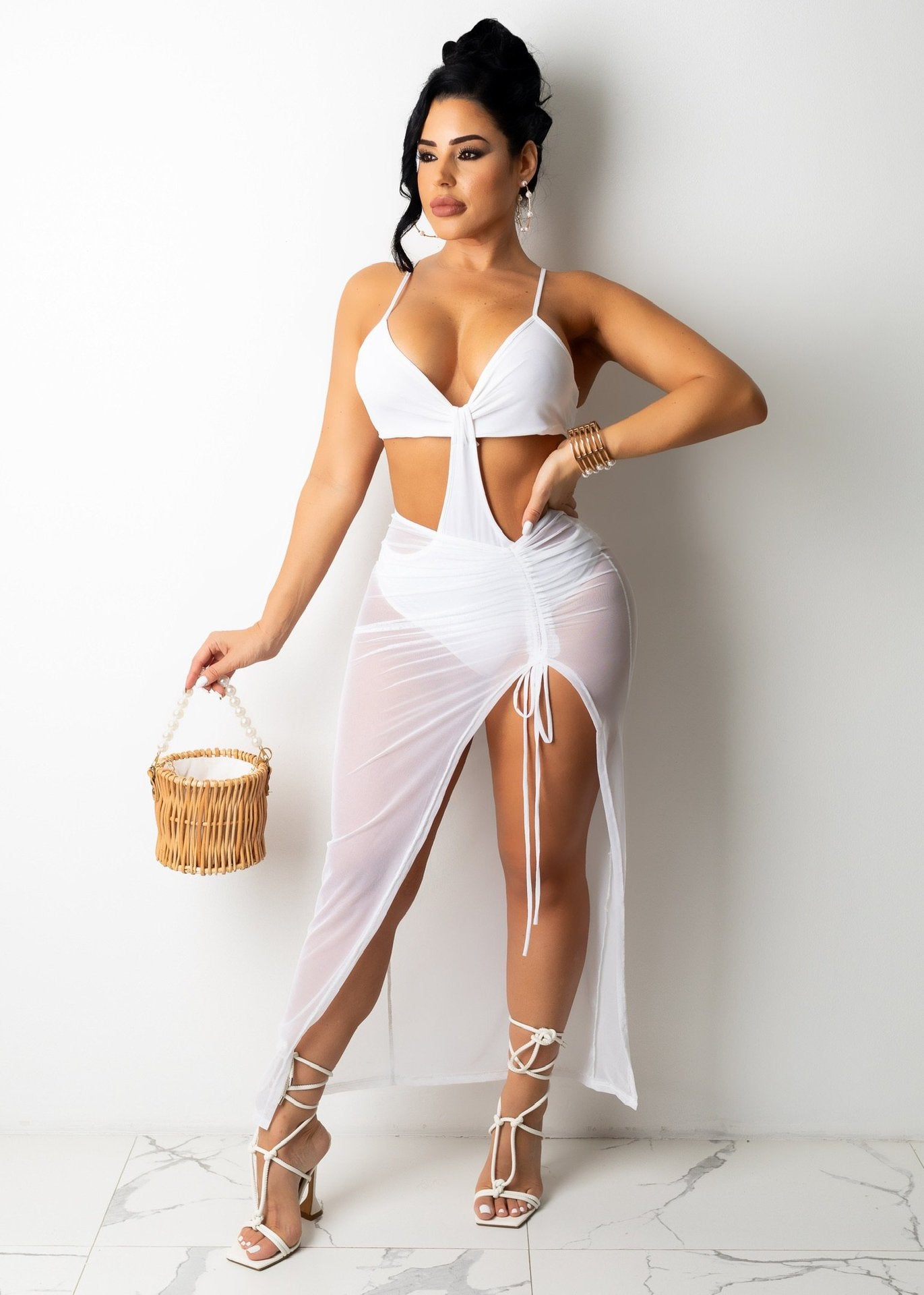 Women Sexy Suspender Crop Top and Slit Skirt Two-piece Set