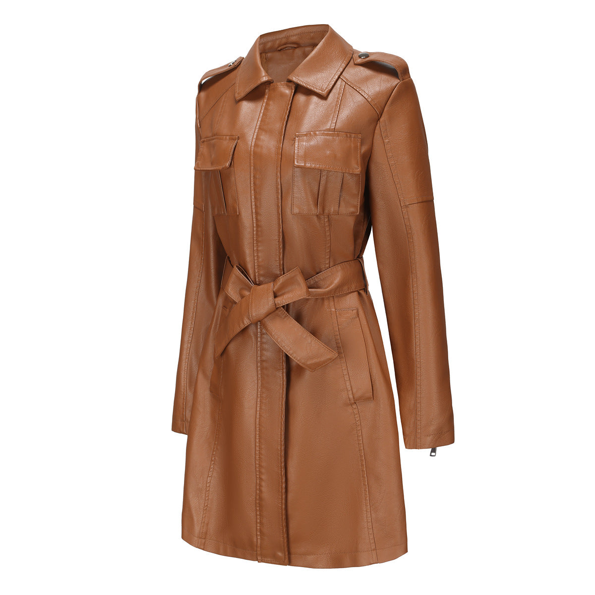 Spring And Autumn Long-Sleeved Leather Windbreaker Leather Jacket With Belt Fashionable British Jacket For Women 34