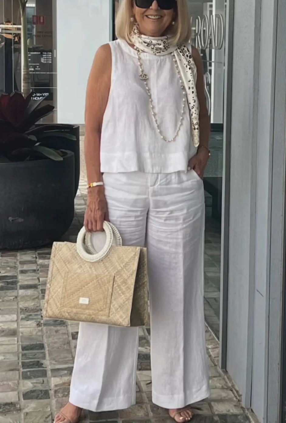 Summer Women's Linen Solid Color Sleeveless Top Wide-Leg Trousers Two-Piece Set 11