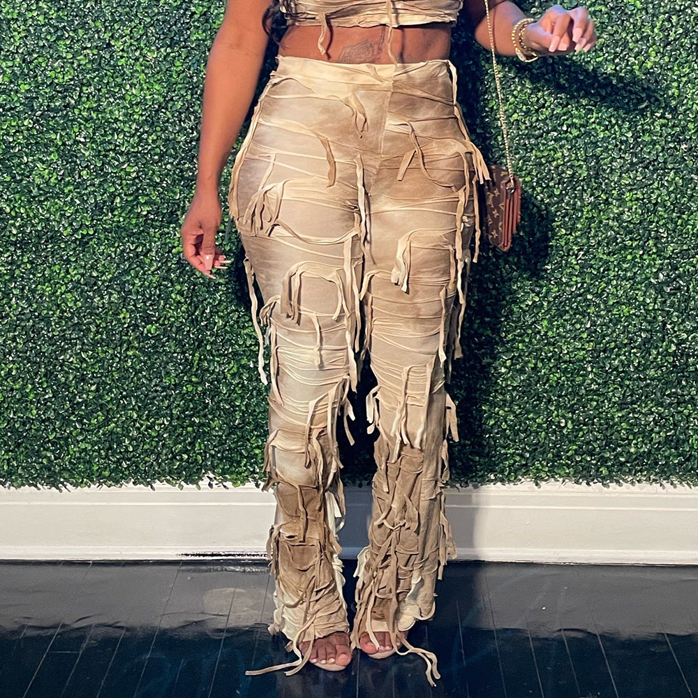 Women Style Tie Dye Tassel Casual Pants 4