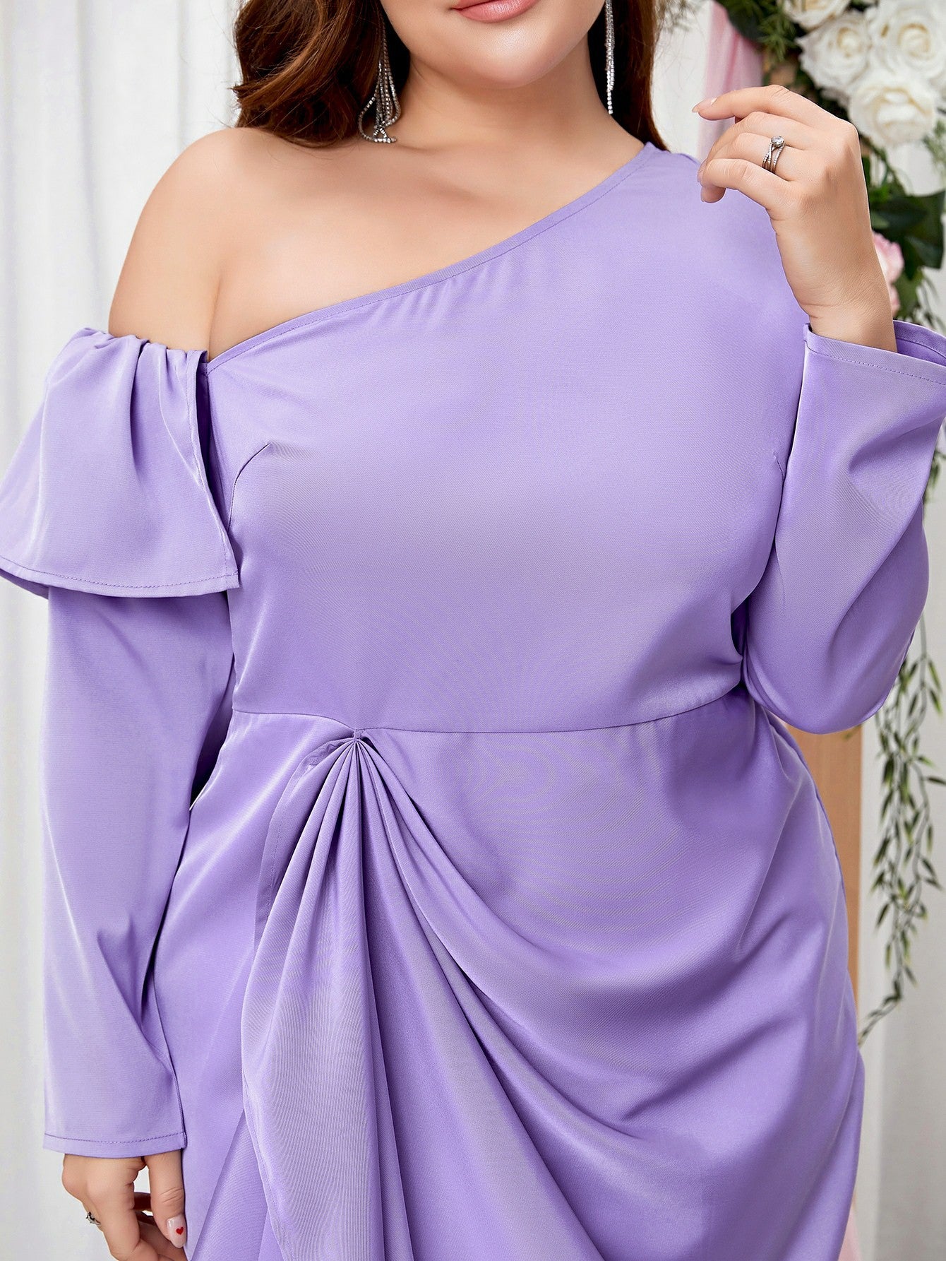 Plus Size Women Long Sleeve Slash Shoulder Off-shoulder Bodycon Dress 4