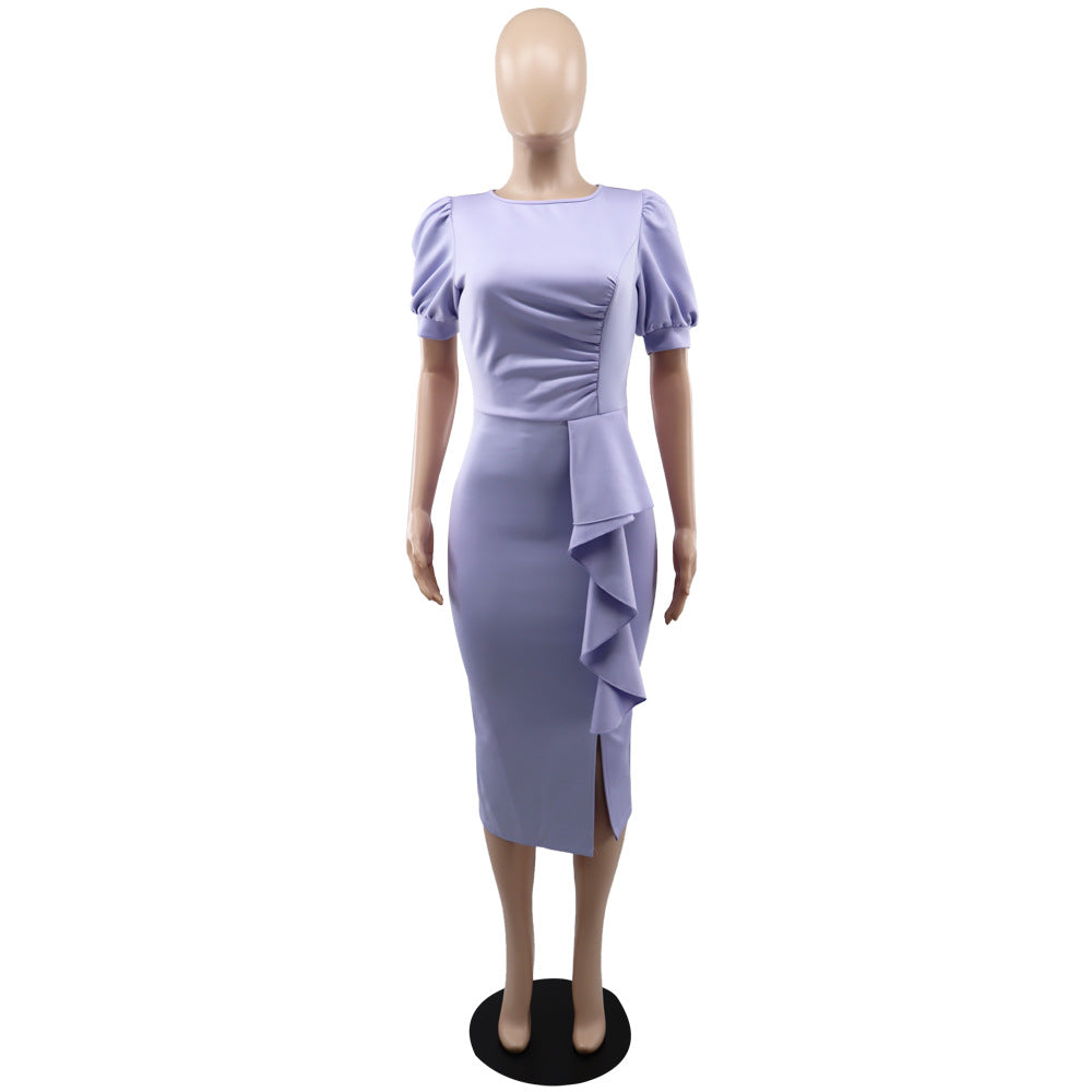 Chic Puff Sleeve Chic Low Back Party Fit Slit Gown Dress 13