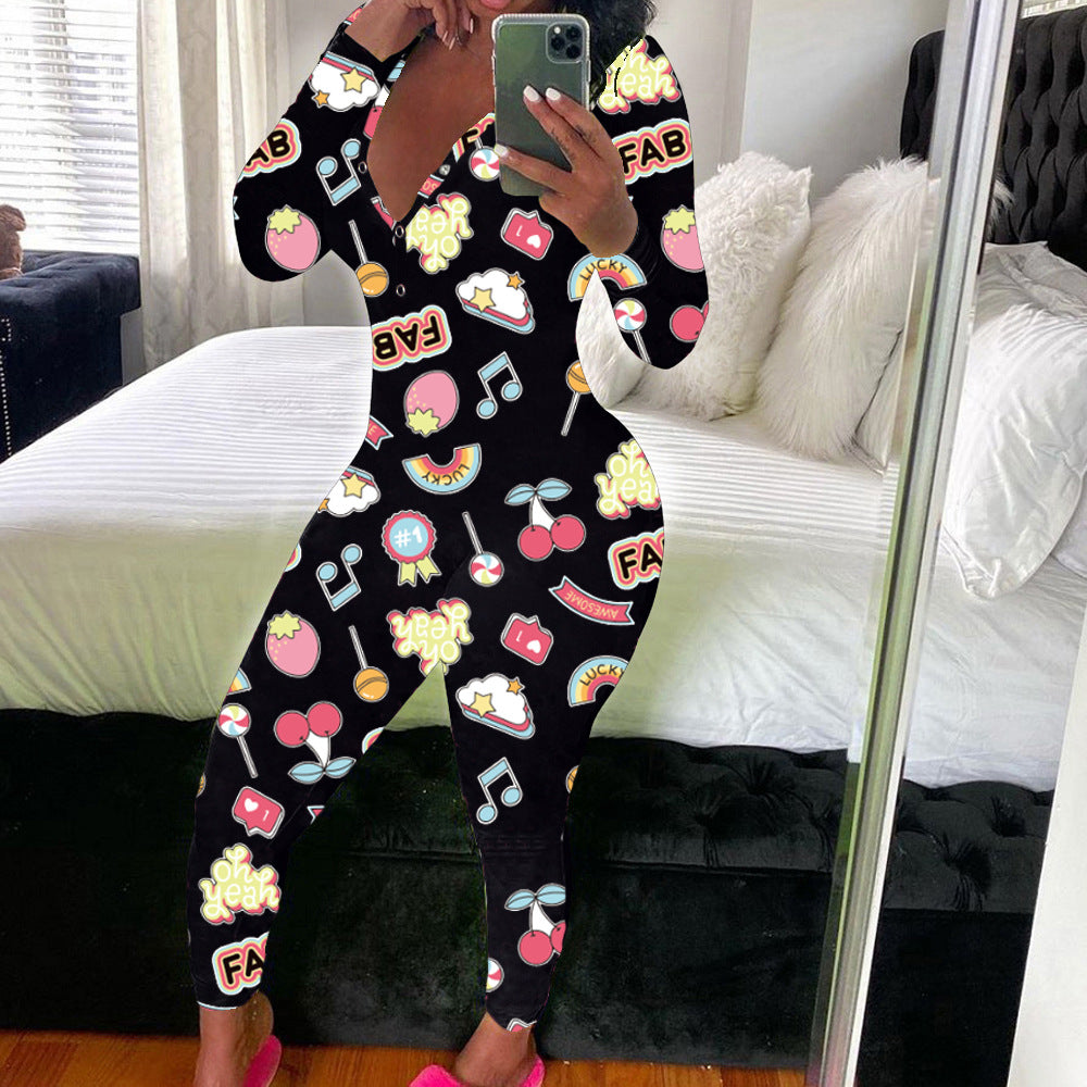 Women's Sexy Fashion Pattern Print Deep V-Neck Long Sleeve Tight Slim Jumpsuit 13