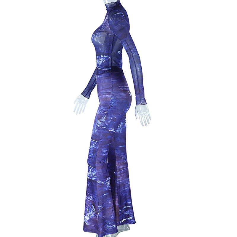 Women's Fashion Print Long Sleeve Top See-Through Bell Bottom Mesh Pants Fashion Two Piece Set 10