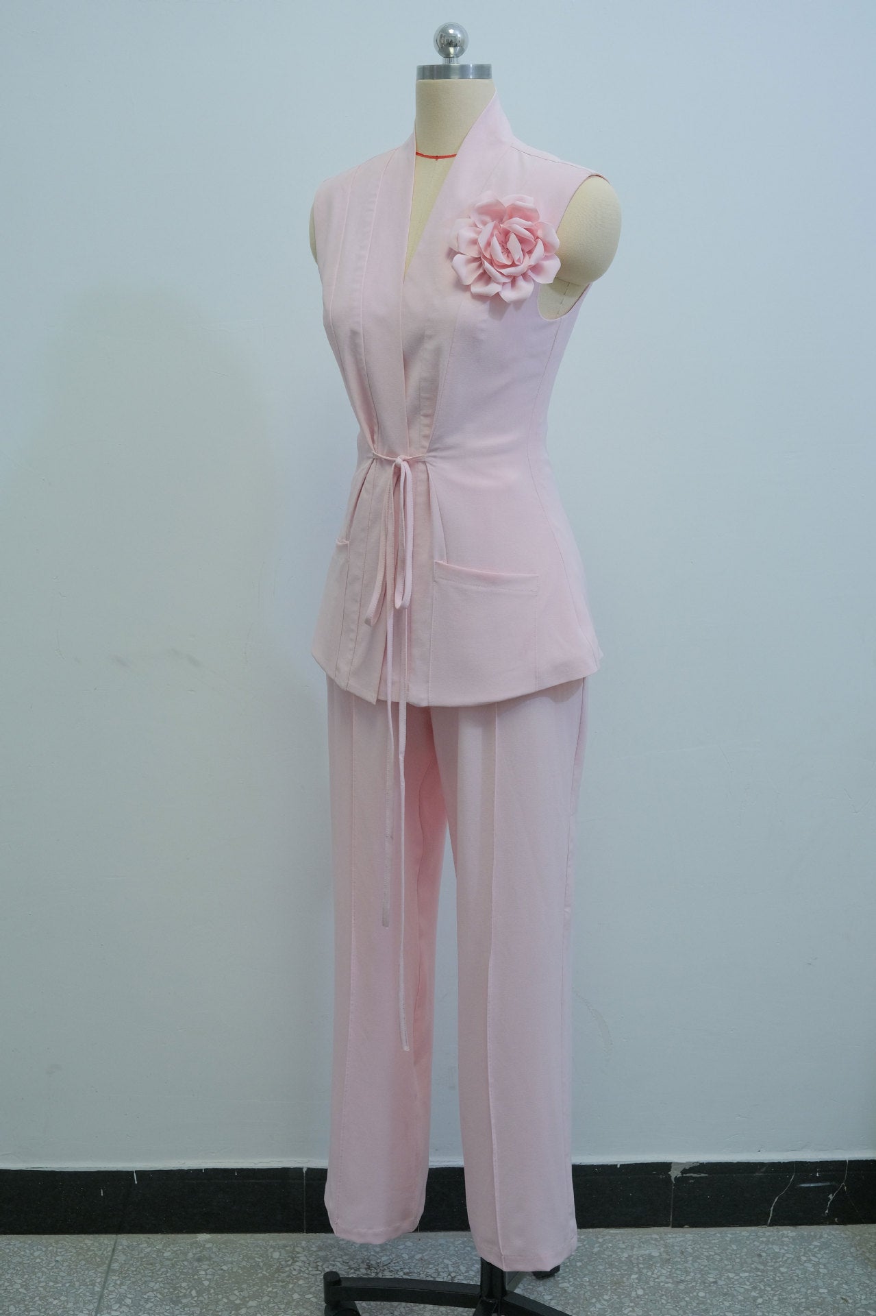 Women Spring V-neck Sleeveless Flower Top Trousers Two-piece Set 9