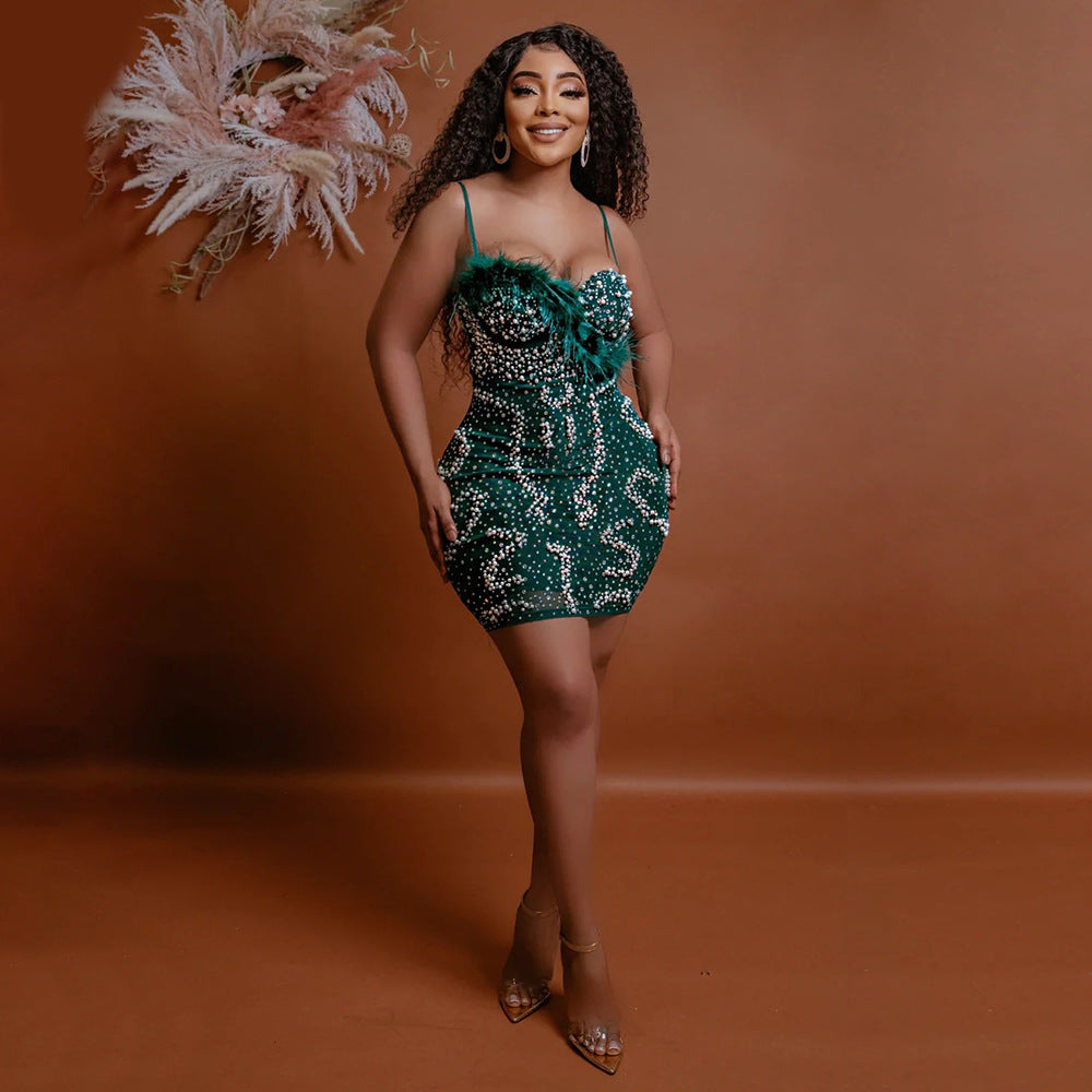 Sexy Strap Patchwork Plush Christmas Party Beaded Dress 8