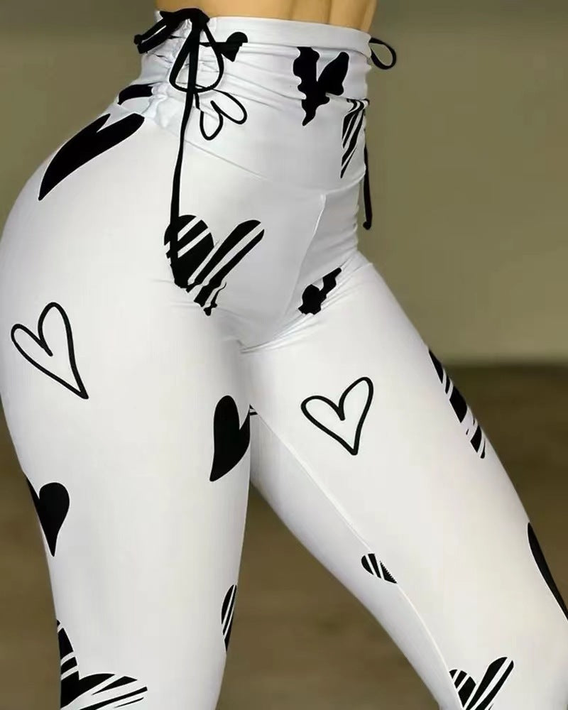 Women's Drawstring Heart Printed Yoga Exercise Butt Lift Fitness Basic Pants 7