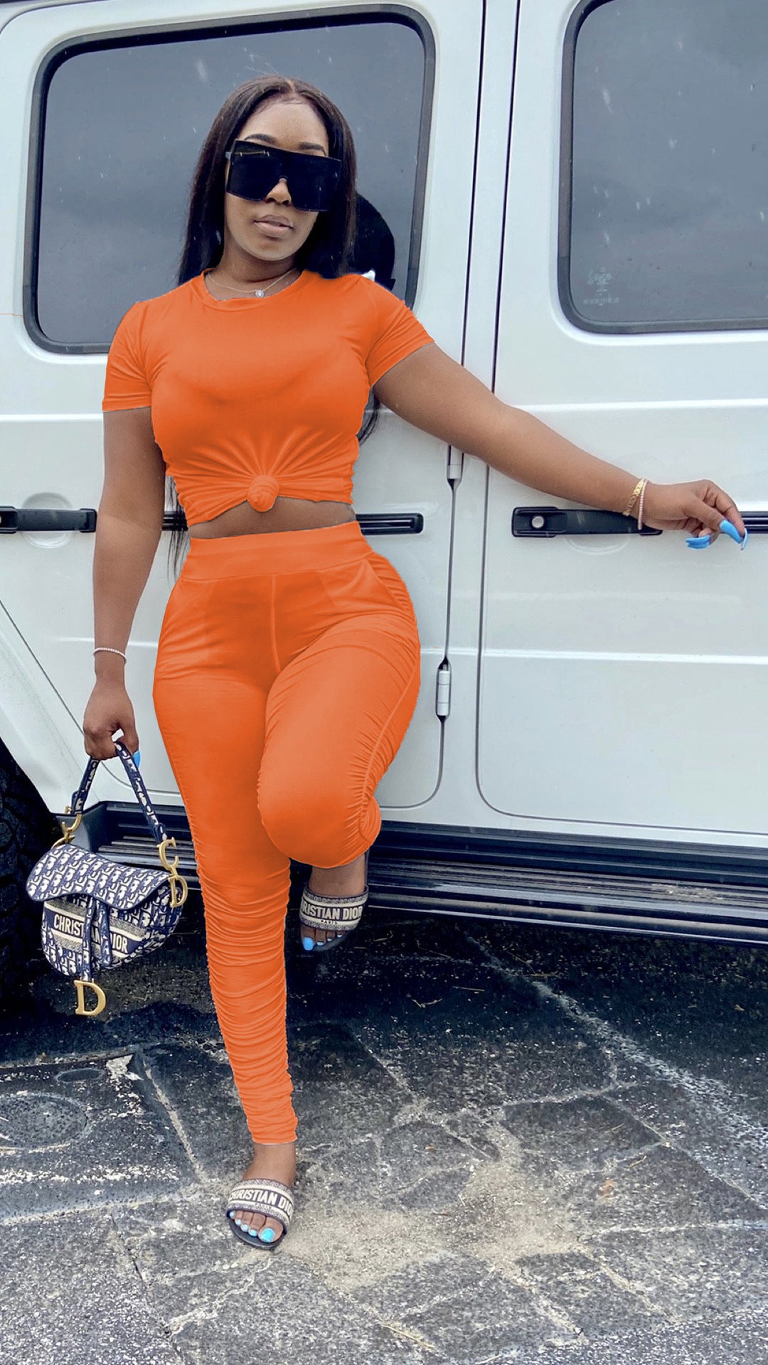 Women Wrinkled Short Sleeve T-Shirt and PantSolid Two-Piece Set 4