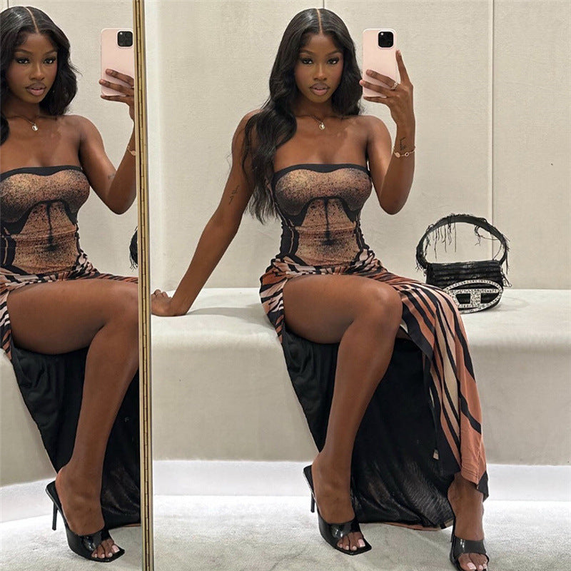 Women sexy Strapless Backless Print Maxi Dress 12