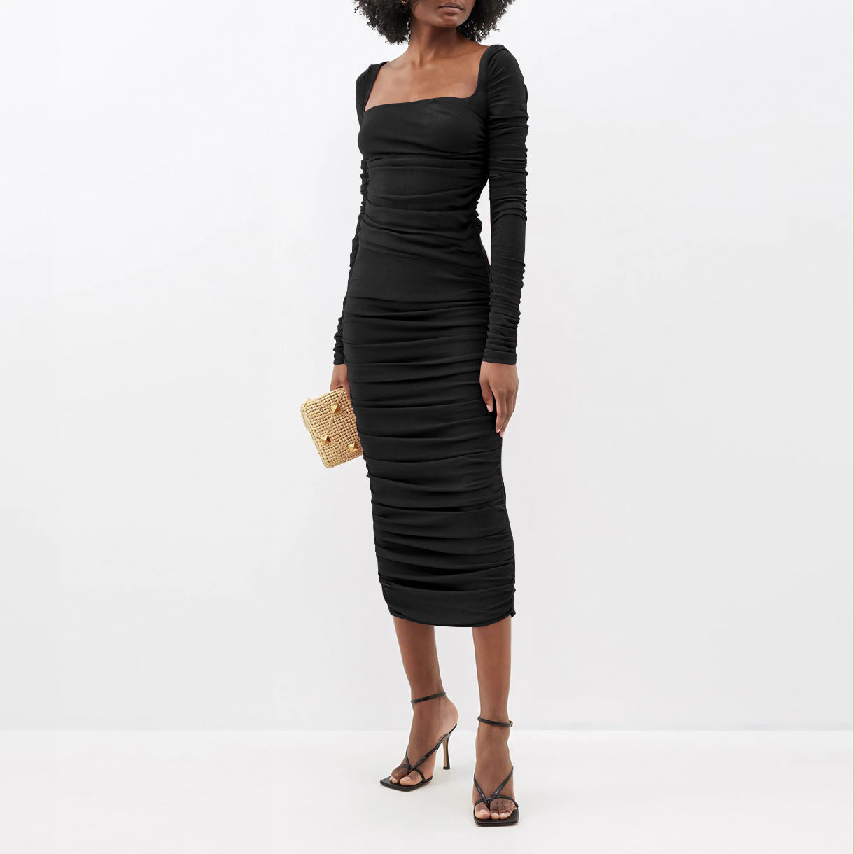 Women Pleated Square Neck Long Sleeve Maxi Dress 8