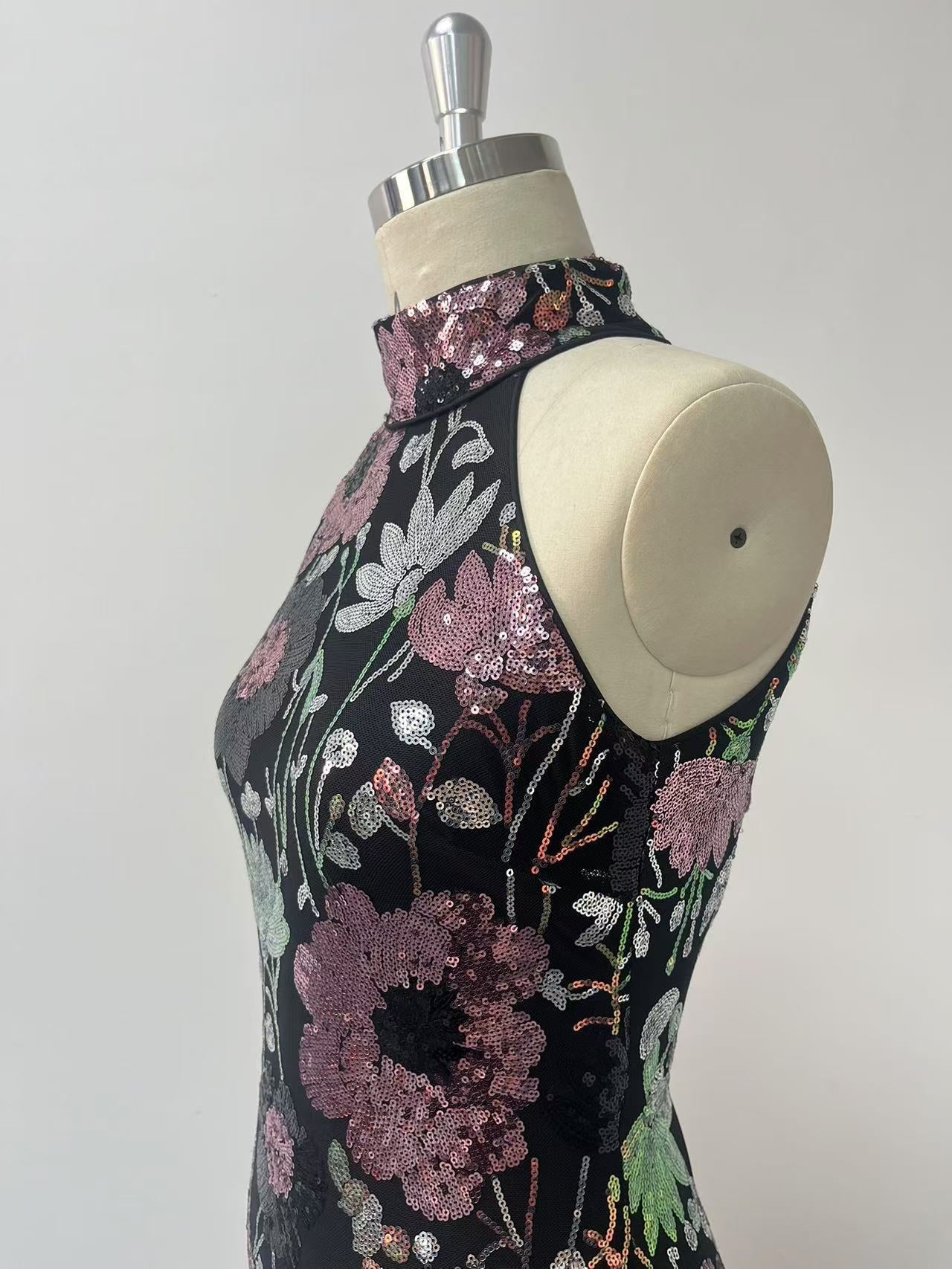 Women Spring Summer Sexy Backless Party Shiny Embroidered Flower Mini Dress 13