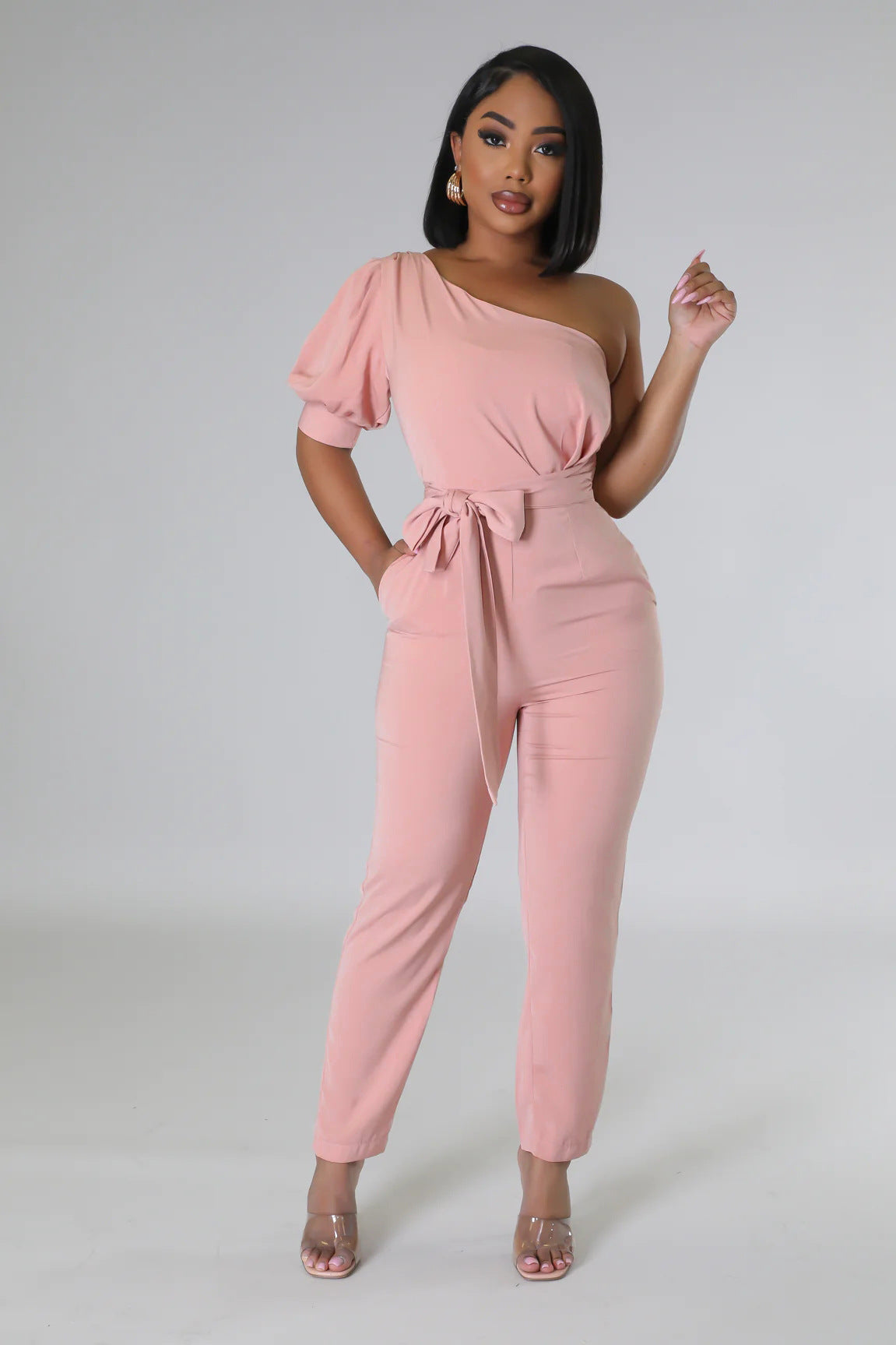 Fashion One Shoulder High Waist Low Back Slim Fit One Piece Trousers Women's Jumpsuit 5