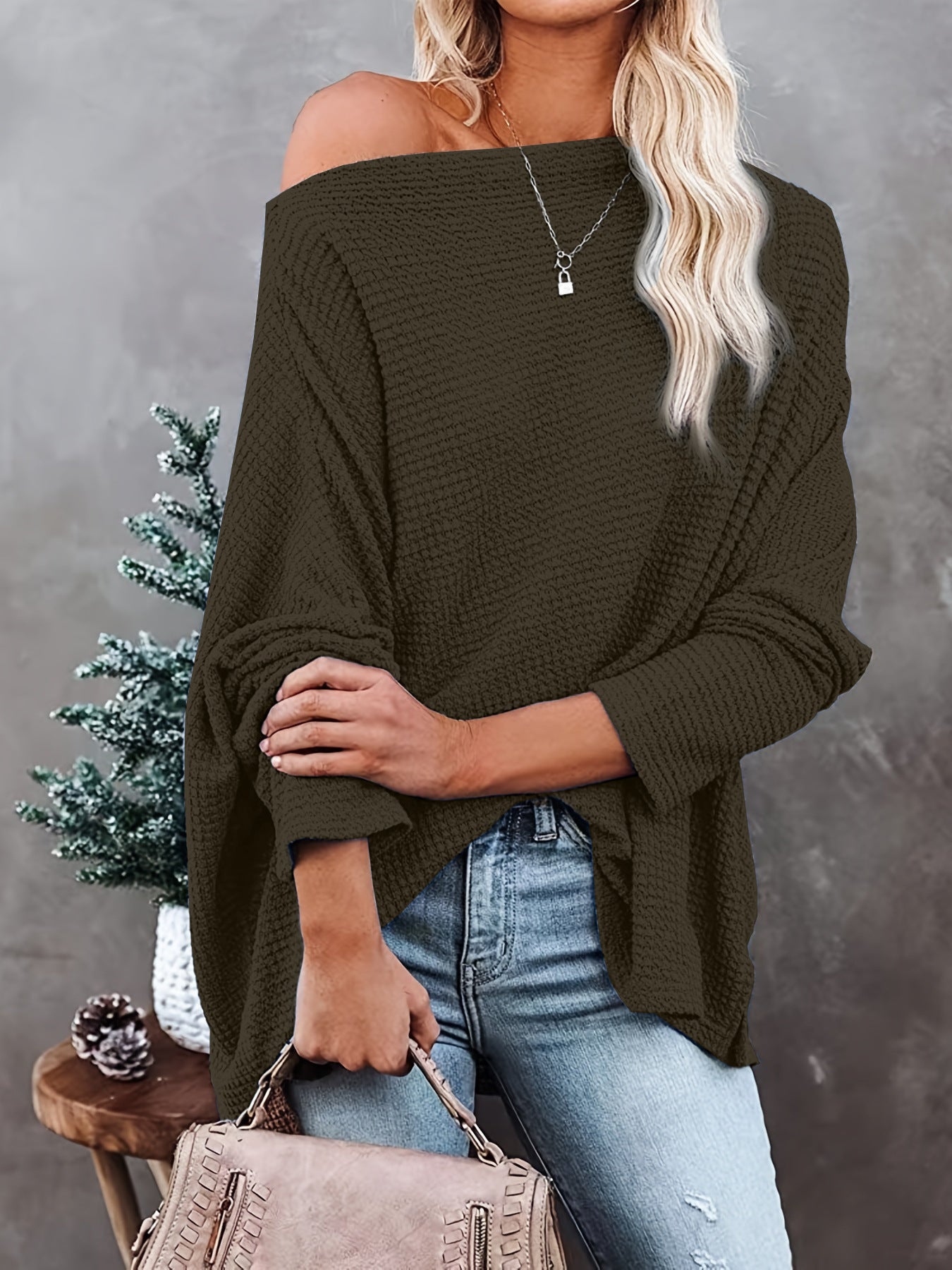 Women knitting waffle Slash Shoulder Top 10
