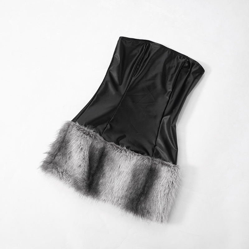 Women sexy Strapless Pu-Leather patchwork fur dress 7