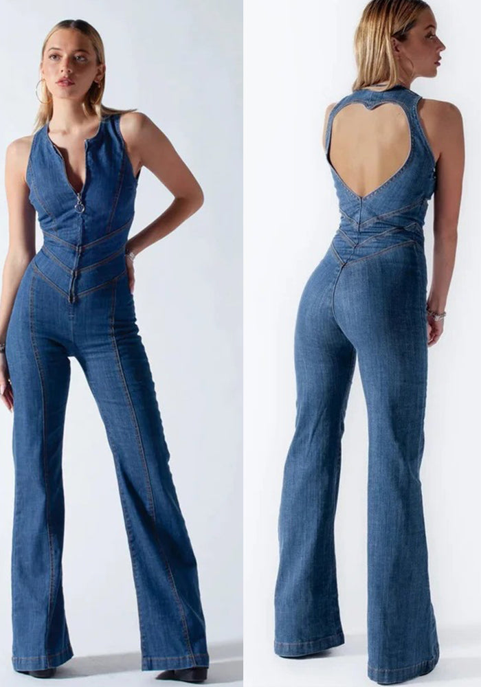 Women’s Retro Streetwear Slim-Fit Sleeveless Hollow Denim Jumpsuit