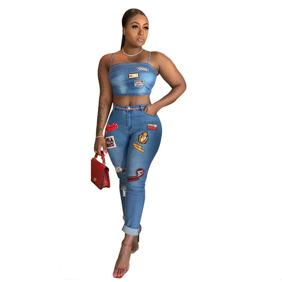 Women Sexy Cartoon Denim Top and Pant Set 4